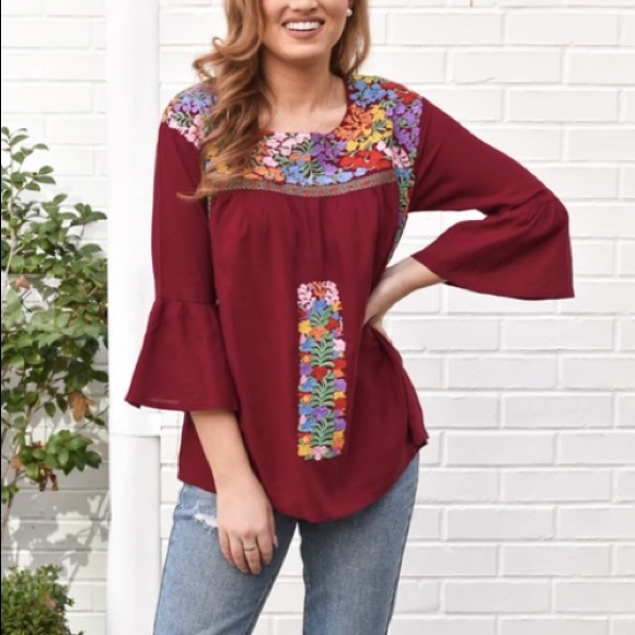 The Impeccable Pig Tops - NWT Impeccable Pig Burgundy Floral Embroidered Top